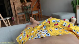 Hot latin guy jerk off in the couch POV till he cums wearing spongebob’s pants